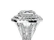 Double Halo Engagement Ring Setting for Asscher Cut Center with Narrow Pave Split Shank and Prong Head in Platinum