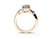 3 Stone Engagement Ring Setting for Heart-Shaped Center with Baguette Accents and Prong Head in Rose Gold