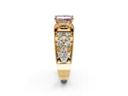 Pave Engagement Ring Setting for Fancy Pink Princess Cut Center with Curved Accent Rows, Openwork and Prong Head in Yellow Gold