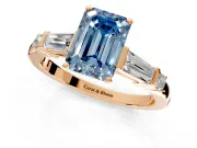 Bar-Set Engagement Ring Setting for Fancy Blue Emerald Cut Center with Tapered Baguette Accents and Prong Head in Rose Gold