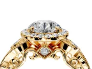 Milgrain Halo Engagement Ring Setting for Round Cut Center with Shoulder Bezels and Prong Head in Yellow Gold