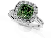 Halo Engagement Ring Setting for Fancy Green Cushion Cut Center with Milgrain Pave Band and Bezel Head in White Gold