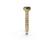 Solitaire Engagement Ring Setting for Fancy Green Round Cut Center with Engraved Pave Band and Prong Head in Yellow Gold