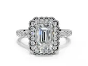 Milgrain Floral Halo Engagement Ring Setting for Emerald Cut Center with Pave Band and Prong Head in Platinum