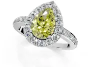 Halo Engagement Ring Setting for Fancy Yellow Pear-Shaped Center with Heart-Shaped Openwork, Pave Band and Prong Head in Platinum