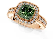 Milgrain Halo Engagement Ring Setting for Fancy Green Cushion Cut Center with Pave Band and Prong Head in Rose Gold