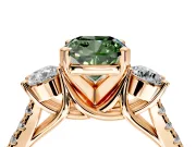 3 Stone Engagement Ring Setting for Fancy Green Cushion Cut Center with Crossover Basket, Pave Band and Prong Head in Rose Gold