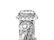 Milgrain Halo Engagement Ring Setting for Princess Cut Center with Shoulder Bezels and Prong Head in Sterling Silver