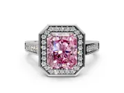 Halo Engagement Ring Setting for Fancy Pink Emerald Cut Center with Outer Bezel Rim, Pave Band and Prong Head in Platinum
