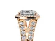 Halo Engagement Ring Setting for Asscher Cut Center with Narrow Pave Split Shank and Prong Head in Rose Gold