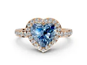 Halo Engagement Ring Setting for Fancy Blue Heart-Shaped Center with Heart-Shaped Openwork, Pave Band and Prong Head in Rose Gold
