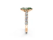 Shared-Prong Engagement Ring Setting for Fancy Green Marquise Center with Graduated Accents and Prong Head in Rose Gold