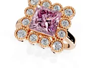 Cluster Halo Engagement Ring Setting for Fancy Pink Princess Cut Center with Milgrain Bezel Accents and Prong Head in Rose Gold