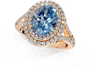 Double Halo Engagement Ring Setting for Fancy Blue Oval Center with Narrow Pave Split Shank and Prong Head in Rose Gold