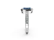 Milgrain Halo Engagement Ring Setting for Fancy Blue Emerald Cut Center with Wide Pave Band and Prong Head in Sterling Silver