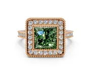 Halo Engagement Ring Setting for Fancy Green Princess Cut Center with Milgrain Frame, Pave Band and Prong Head in Rose Gold