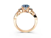 3 Stone Engagement Ring Setting for Fancy Blue Round Cut Center with Pave Split Shank and Prong Head in Rose Gold