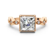 Milgrain Bezel Engagement Ring Setting for Princess Cut Center with Marquise Stations and Bezel Head in Rose Gold