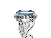Halo Engagement Ring Setting for Fancy Blue Emerald Cut Center with Leaf Motif Split Shank and Prong Head in Platinum