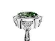 Halo Engagement Ring Setting for Fancy Green Oval Center with Milgrain Rim, Pave Band and Prong Head in Sterling Silver
