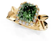 Halo Engagement Ring Setting for Fancy Green Radiant Cut Center with Floral Band and Prong Head in Yellow Gold