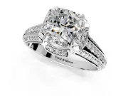 Solitaire Engagement Ring Setting for Cushion Cut Center with Accented Split Shank and Prong Head in Platinum