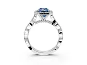Halo Engagement Ring Setting for Fancy Blue Radiant Cut Center with Twist Band and Prong Head in Platinum