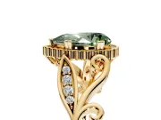 Halo Engagement Ring Setting for Fancy Green Pear-Shaped Center with Leaf Motif Split Shank and Prong Head in Yellow Gold