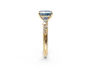Cluster Engagement Ring Setting for Fancy Blue Princess Cut Center with Round Cut Accent Band and Prong Head in Yellow Gold