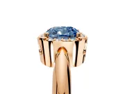 Halo Engagement Ring Setting for Fancy Blue Cushion Cut Center with Tapered Plain Band and Prong Head in Rose Gold