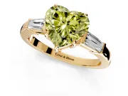 3 Stone Engagement Ring Setting for Fancy Yellow Heart-Shaped Center with Baguette Accents and Prong Head in Yellow Gold