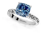 Solitaire Engagement Ring Setting for Fancy Blue Cushion Cut Center with Milgrain X Pattern Band and Prong Head in Platinum