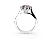 Halo Engagement Ring Setting for Fancy Pink Cushion Cut Center with Milgrain Frame, Pave Band and Prong Head in Platinum