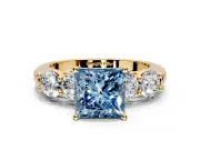 5 Stone Engagement Ring Setting for Fancy Blue Princess Cut Center with Graduated Accents and Prong Head in Yellow Gold
