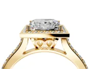 Halo Engagement Ring Setting for Princess Cut Center with Pave Accents, Heart Basket and Prong Head in Yellow Gold