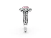 Large Accent Halo Engagement Ring Setting for Fancy Pink Radiant Cut Center with Pave Split Shank and Prong Head in Platinum