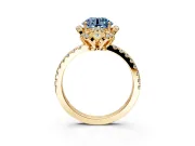 Halo Engagement Ring Setting for Fancy Blue Round Cut Center with Openwork Halo, Pave Band and Prong Head in Yellow Gold