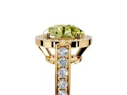 Bezel-Framed Halo Engagement Ring Setting for Fancy Yellow Round Cut Center with Pave Band and Prong Head in Yellow Gold