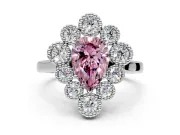Cluster Halo Engagement Ring Setting for Fancy Pink Pear-Shaped Center with Milgrain Bezel Accents and Prong Head in White Gold