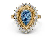Halo Engagement Ring Setting for Fancy Blue Pear-Shaped Center with Milgrain Bezel Rim, Plain Band and Prong Head in Yellow Gold
