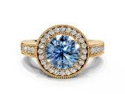 Milgrain Halo Engagement Ring Setting for Fancy Blue Round Cut Center with Pave Band and Prong Head in Yellow Gold