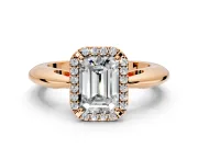 Halo Engagement Ring Setting for Emerald Cut Center with Tapered Plain Band and Prong Head in Rose Gold