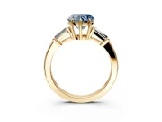 3 Stone Engagement Ring Setting for Fancy Blue Heart-Shaped Center with Baguette Accents and Prong Head in Yellow Gold