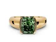 Tension Engagement Ring Setting for Fancy Green Radiant Cut Center with Wide Flat Band and Tension Head in Yellow Gold