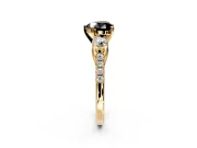 3 Stone Engagement Ring Setting for Fancy Black Heart-Shaped Center with Crossover Basket, Pave Band and Prong Head in Yellow Gold