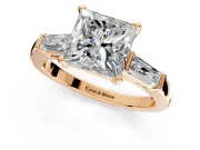 3 Stone Engagement Ring Setting for Princess Cut Center with Tapered Baguettes, Plain Band and Prong Head in Rose Gold
