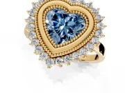 Halo Engagement Ring Setting for Fancy Blue Heart-Shaped Center with Milgrain Bezel Rim, Plain Band and Prong Head in Yellow Gold