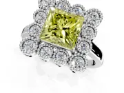 Cluster Halo Engagement Ring Setting for Fancy Yellow Princess Cut Center with Milgrain Bezel Accents and Prong Head in White Gold