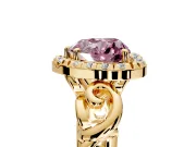 Halo Engagement Ring Setting for Fancy Pink Heart-Shaped Center with Open Scroll Shoulders and Prong Head in Yellow Gold