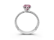 Solitaire Engagement Ring Setting for Fancy Pink Cushion Cut Center with Domed Multi-Row Pave Band and Prong Head in Platinum